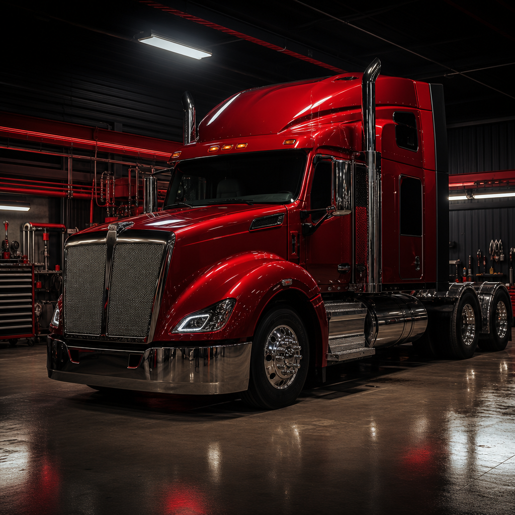 Red diesel semi-truck in a professional repair shop