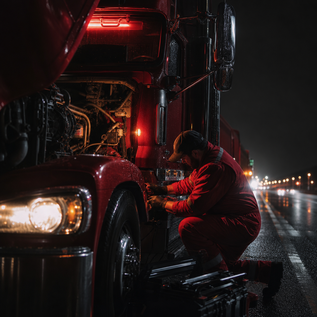 A diesel mechanic performing emergency roadside repair on a semi-truck at night